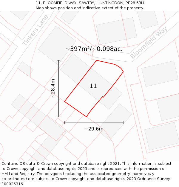 11, BLOOMFIELD WAY, SAWTRY, HUNTINGDON, PE28 5RH: Plot and title map