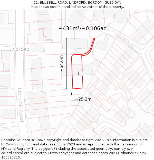 11, BLUEBELL ROAD, LINDFORD, BORDON, GU35 0YN: Plot and title map