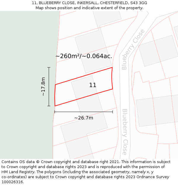 11, BLUEBERRY CLOSE, INKERSALL, CHESTERFIELD, S43 3GG: Plot and title map