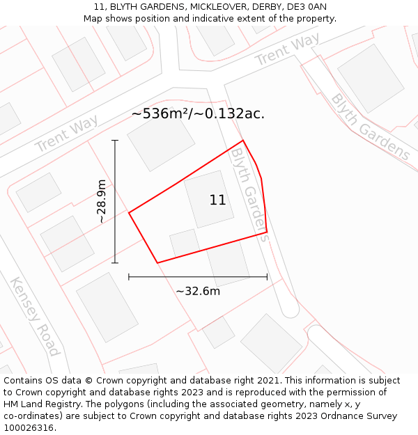 11, BLYTH GARDENS, MICKLEOVER, DERBY, DE3 0AN: Plot and title map
