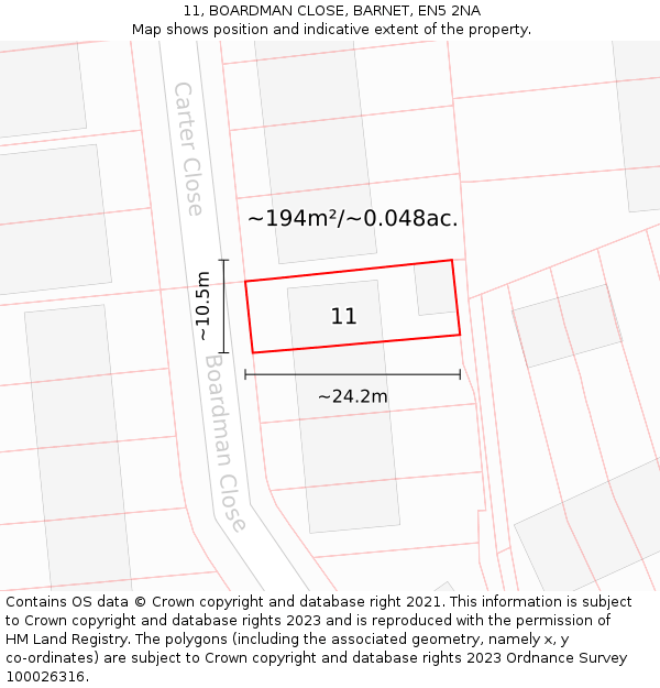 11, BOARDMAN CLOSE, BARNET, EN5 2NA: Plot and title map