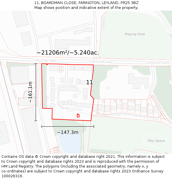 11, BOARDMAN CLOSE, FARINGTON, LEYLAND, PR25 3BZ: Plot and title map