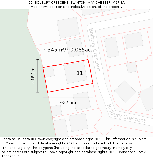 11, BOLBURY CRESCENT, SWINTON, MANCHESTER, M27 8AJ: Plot and title map