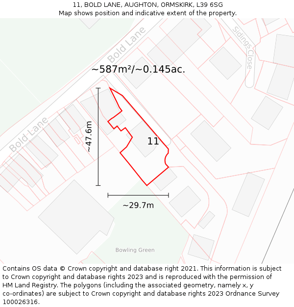 11, BOLD LANE, AUGHTON, ORMSKIRK, L39 6SG: Plot and title map