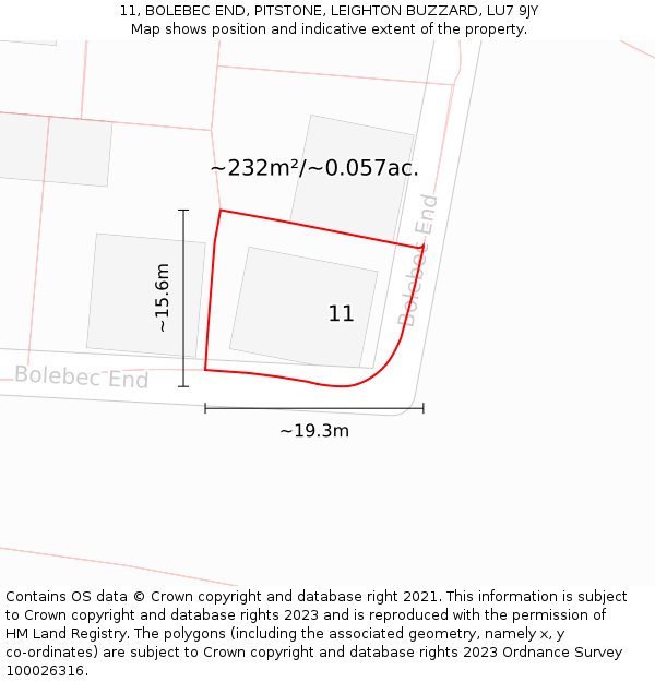 11, BOLEBEC END, PITSTONE, LEIGHTON BUZZARD, LU7 9JY: Plot and title map