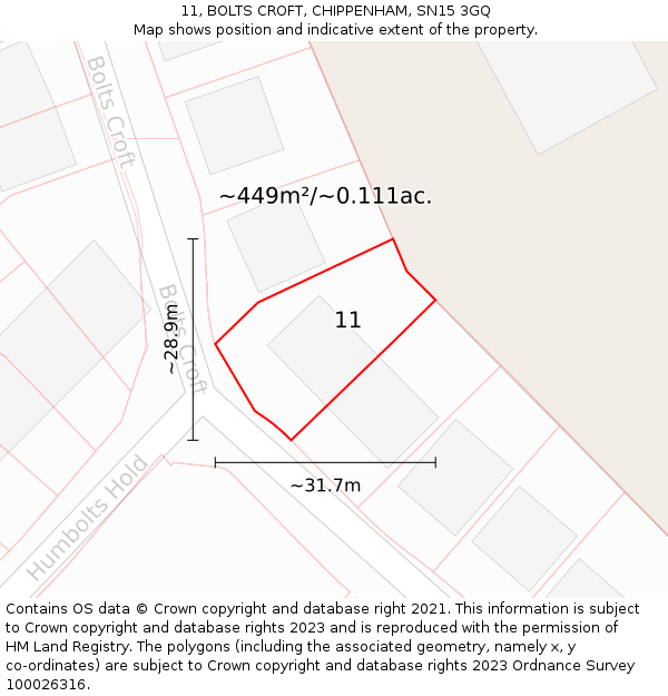 11, BOLTS CROFT, CHIPPENHAM, SN15 3GQ: Plot and title map