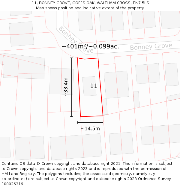 11, BONNEY GROVE, GOFFS OAK, WALTHAM CROSS, EN7 5LS: Plot and title map