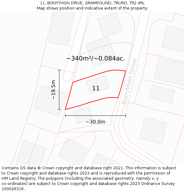 11, BONYTHON DRIVE, GRAMPOUND, TRURO, TR2 4RL: Plot and title map