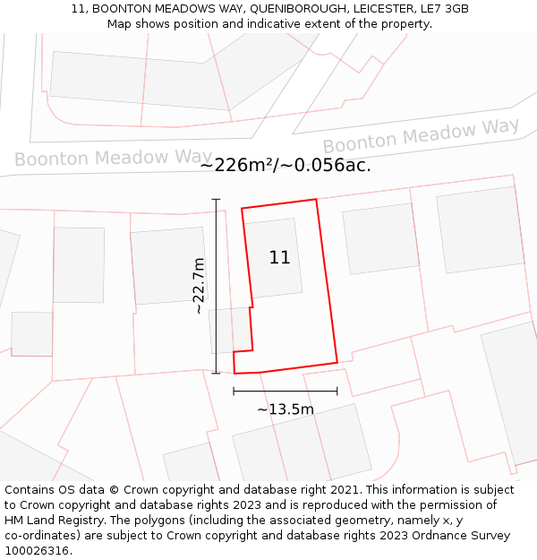11, BOONTON MEADOWS WAY, QUENIBOROUGH, LEICESTER, LE7 3GB: Plot and title map