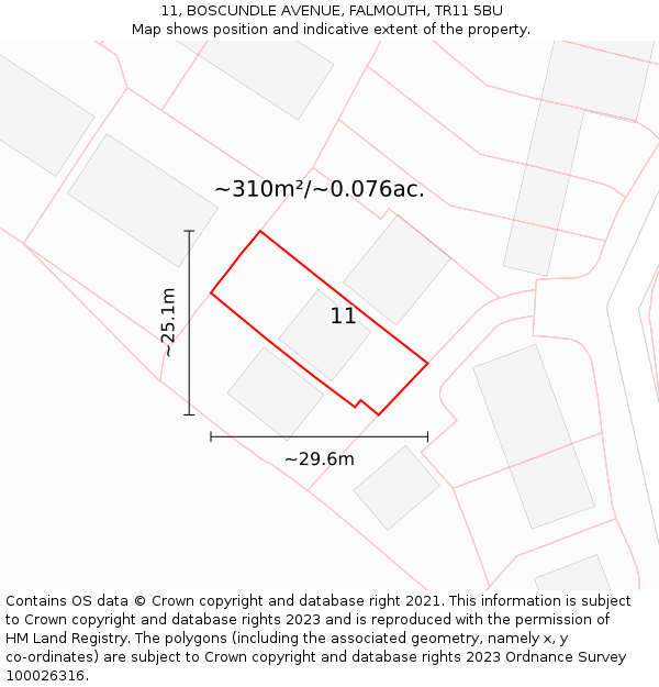 11, BOSCUNDLE AVENUE, FALMOUTH, TR11 5BU: Plot and title map