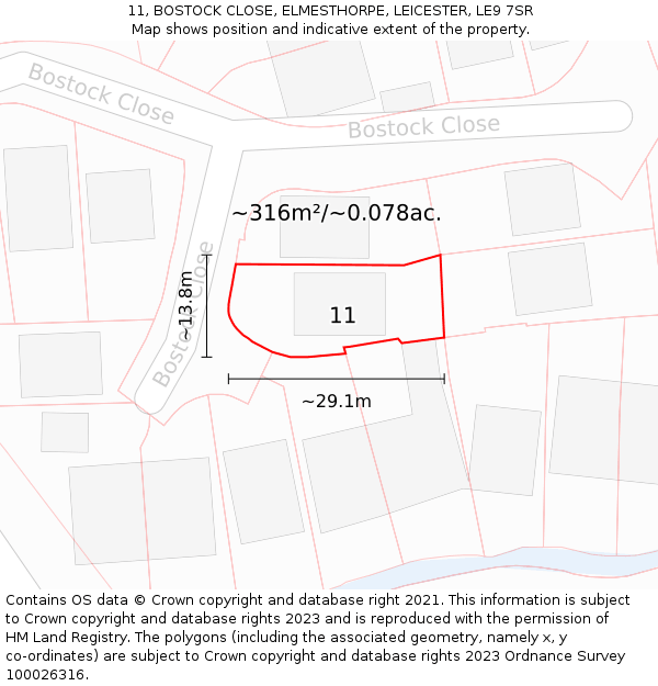 11, BOSTOCK CLOSE, ELMESTHORPE, LEICESTER, LE9 7SR: Plot and title map