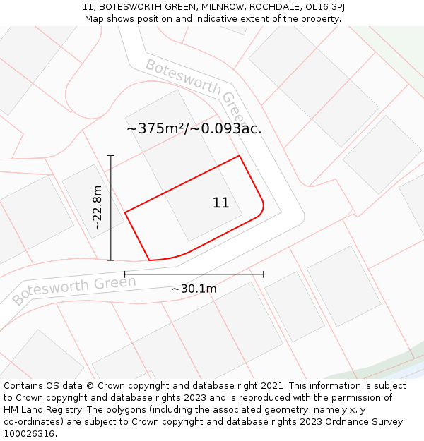 11, BOTESWORTH GREEN, MILNROW, ROCHDALE, OL16 3PJ: Plot and title map