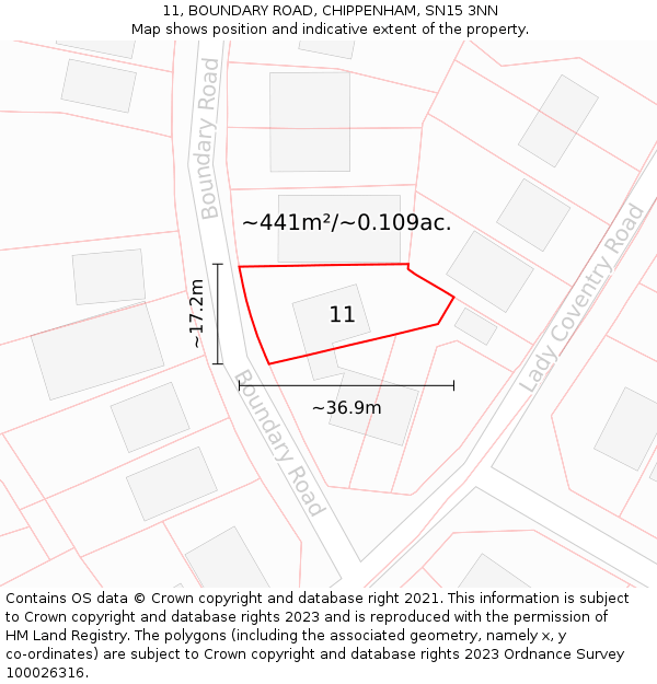 11, BOUNDARY ROAD, CHIPPENHAM, SN15 3NN: Plot and title map