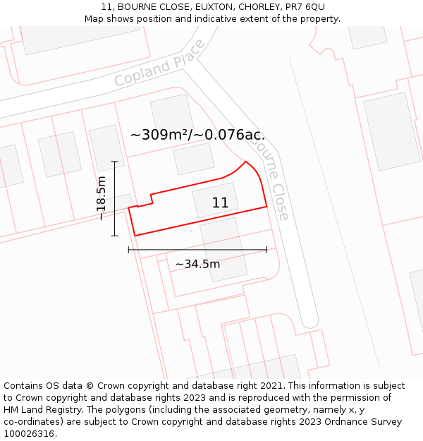 11, BOURNE CLOSE, EUXTON, CHORLEY, PR7 6QU: Plot and title map