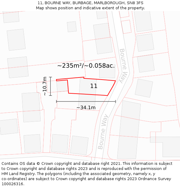 11, BOURNE WAY, BURBAGE, MARLBOROUGH, SN8 3FS: Plot and title map