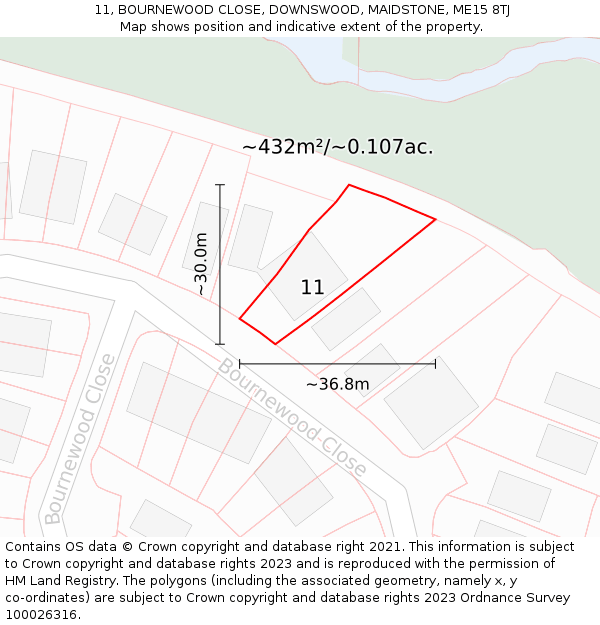 11, BOURNEWOOD CLOSE, DOWNSWOOD, MAIDSTONE, ME15 8TJ: Plot and title map