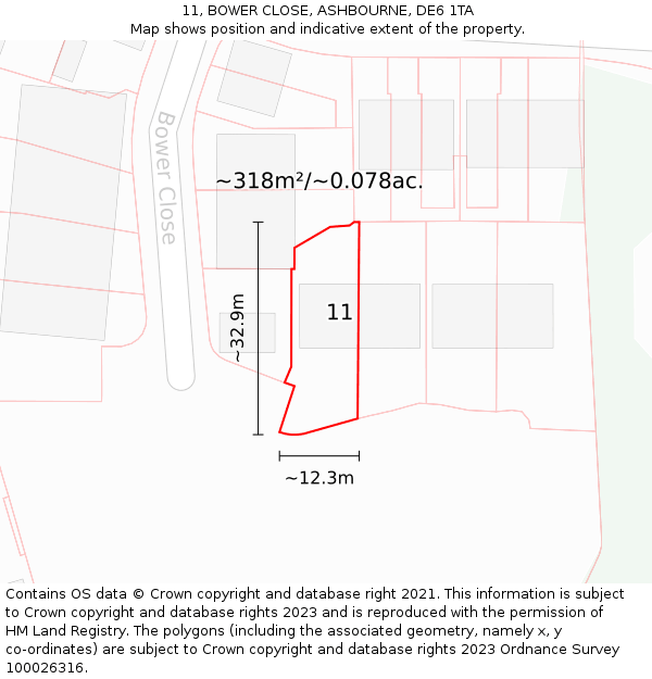 11, BOWER CLOSE, ASHBOURNE, DE6 1TA: Plot and title map