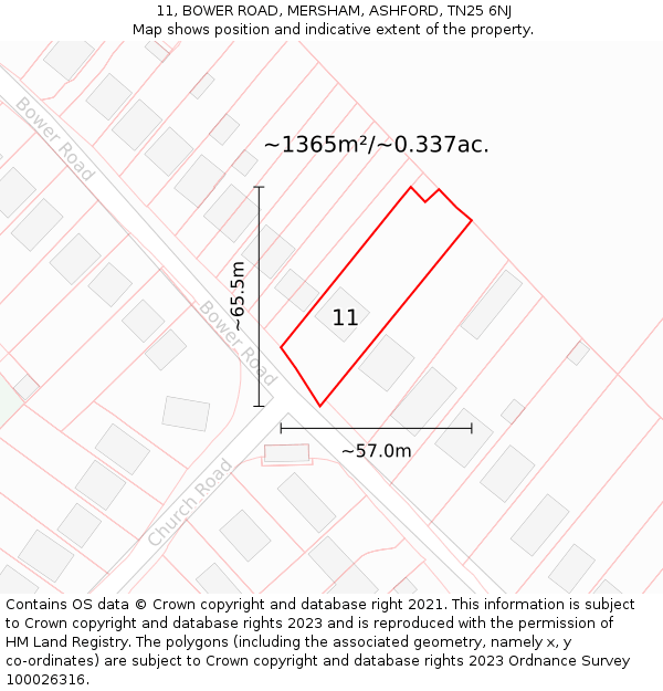 11, BOWER ROAD, MERSHAM, ASHFORD, TN25 6NJ: Plot and title map