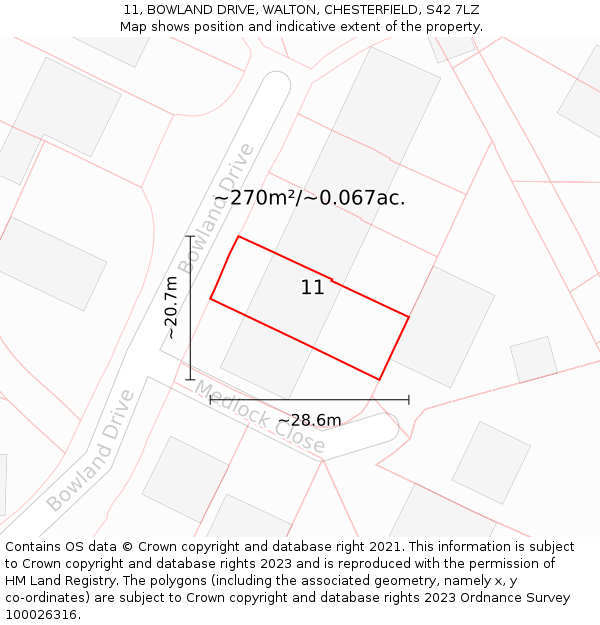 11, BOWLAND DRIVE, WALTON, CHESTERFIELD, S42 7LZ: Plot and title map