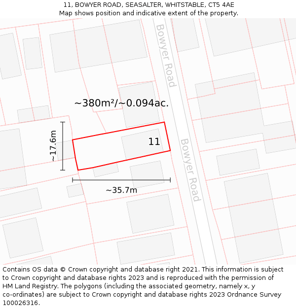 11, BOWYER ROAD, SEASALTER, WHITSTABLE, CT5 4AE: Plot and title map