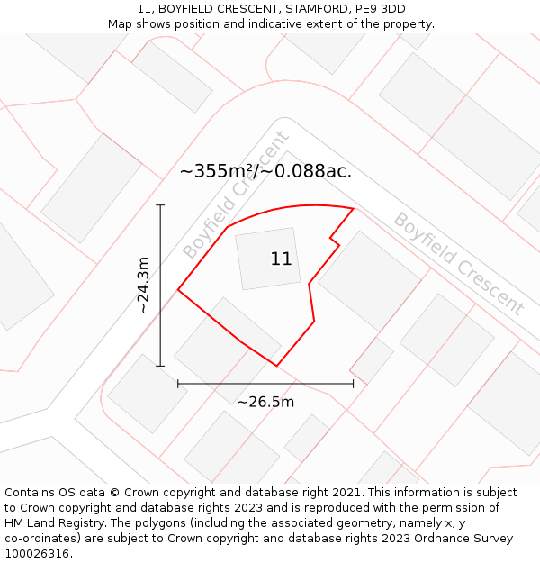 11, BOYFIELD CRESCENT, STAMFORD, PE9 3DD: Plot and title map
