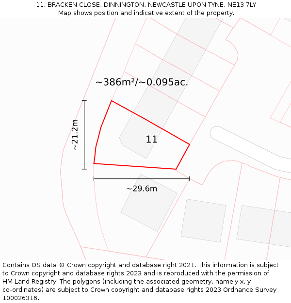 11, BRACKEN CLOSE, DINNINGTON, NEWCASTLE UPON TYNE, NE13 7LY: Plot and title map