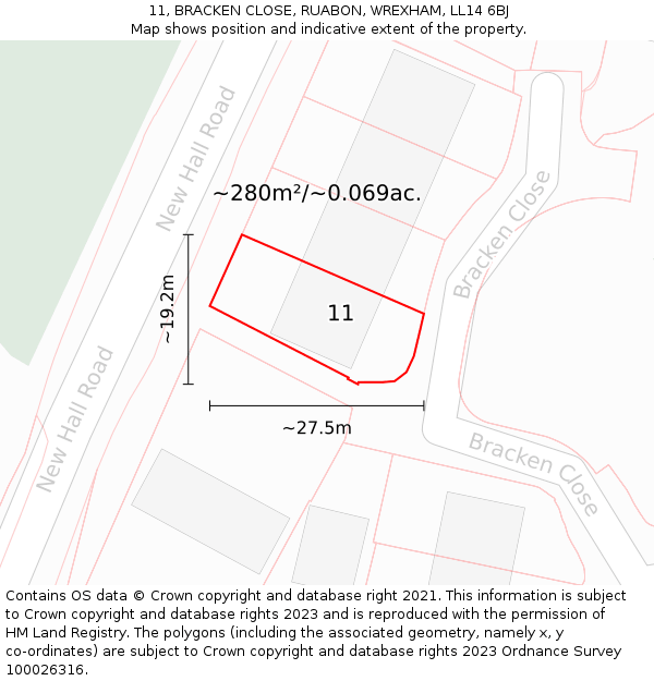 11, BRACKEN CLOSE, RUABON, WREXHAM, LL14 6BJ: Plot and title map