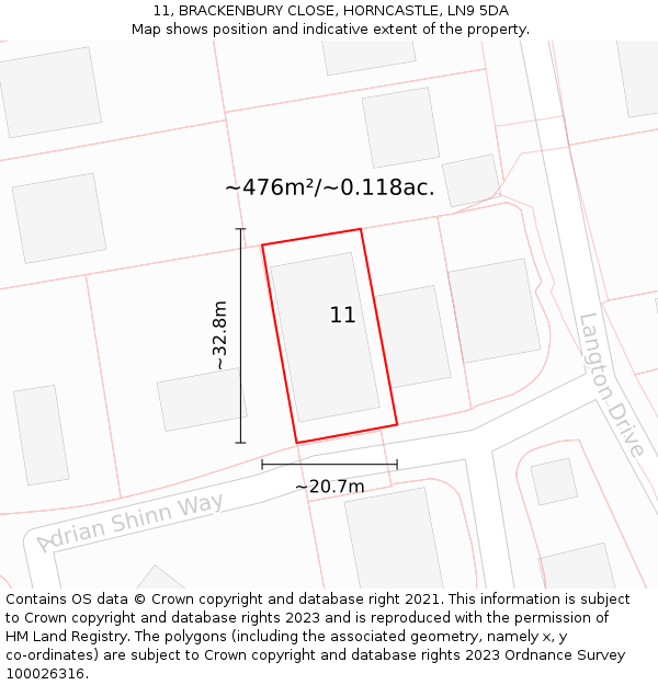 11, BRACKENBURY CLOSE, HORNCASTLE, LN9 5DA: Plot and title map