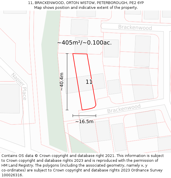 11, BRACKENWOOD, ORTON WISTOW, PETERBOROUGH, PE2 6YP: Plot and title map