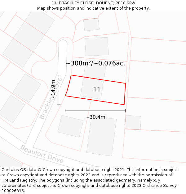 11, BRACKLEY CLOSE, BOURNE, PE10 9PW: Plot and title map
