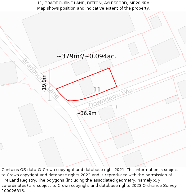 11, BRADBOURNE LANE, DITTON, AYLESFORD, ME20 6PA: Plot and title map