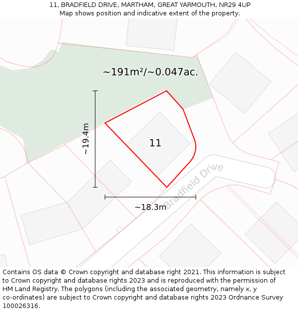 11, BRADFIELD DRIVE, MARTHAM, GREAT YARMOUTH, NR29 4UP: Plot and title map