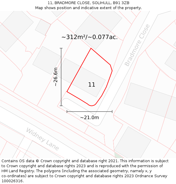 11, BRADMORE CLOSE, SOLIHULL, B91 3ZB: Plot and title map