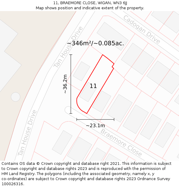 11, BRAEMORE CLOSE, WIGAN, WN3 6JJ: Plot and title map
