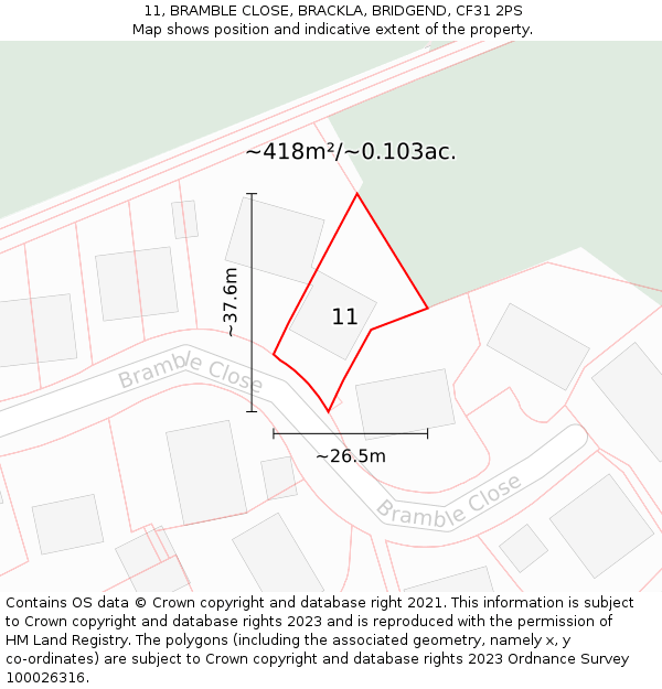 11, BRAMBLE CLOSE, BRACKLA, BRIDGEND, CF31 2PS: Plot and title map