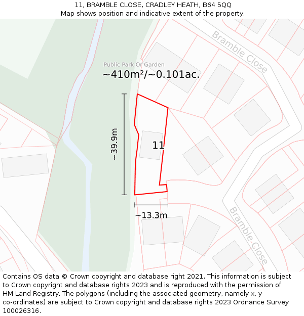 11, BRAMBLE CLOSE, CRADLEY HEATH, B64 5QQ: Plot and title map