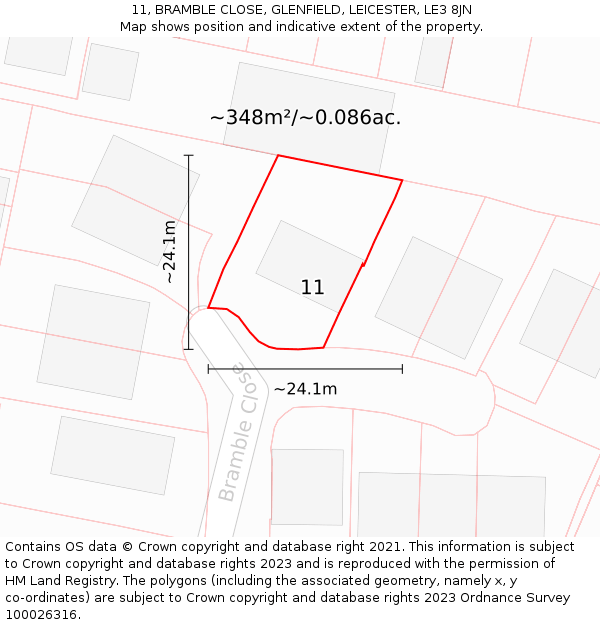 11, BRAMBLE CLOSE, GLENFIELD, LEICESTER, LE3 8JN: Plot and title map