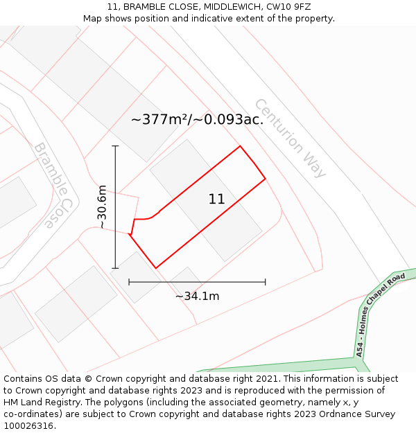 11, BRAMBLE CLOSE, MIDDLEWICH, CW10 9FZ: Plot and title map
