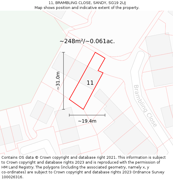 11, BRAMBLING CLOSE, SANDY, SG19 2UJ: Plot and title map