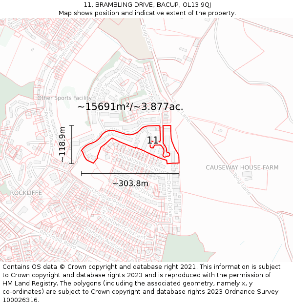 11, BRAMBLING DRIVE, BACUP, OL13 9QJ: Plot and title map