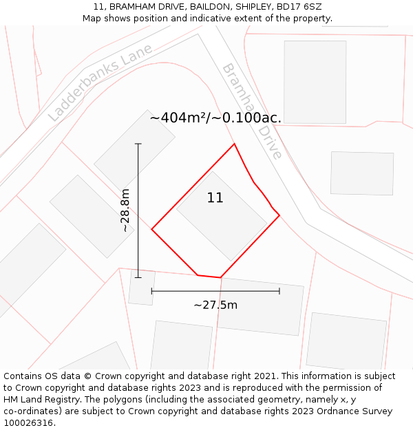 11, BRAMHAM DRIVE, BAILDON, SHIPLEY, BD17 6SZ: Plot and title map