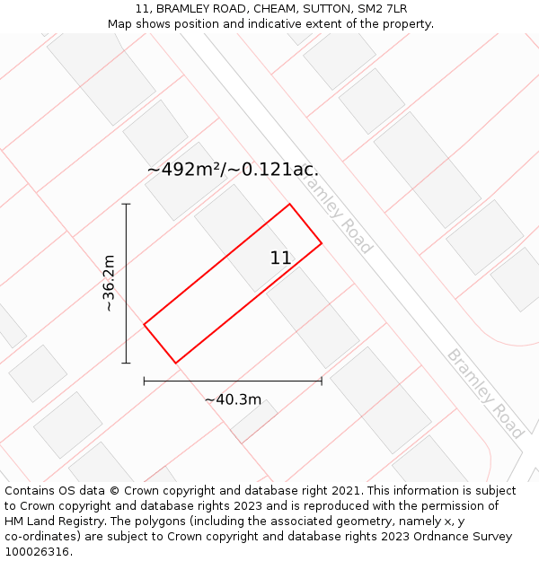11, BRAMLEY ROAD, CHEAM, SUTTON, SM2 7LR: Plot and title map