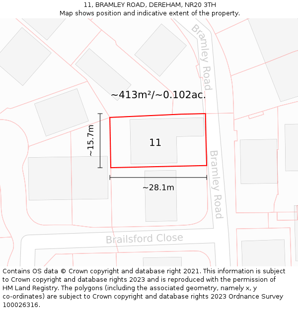 11, BRAMLEY ROAD, DEREHAM, NR20 3TH: Plot and title map