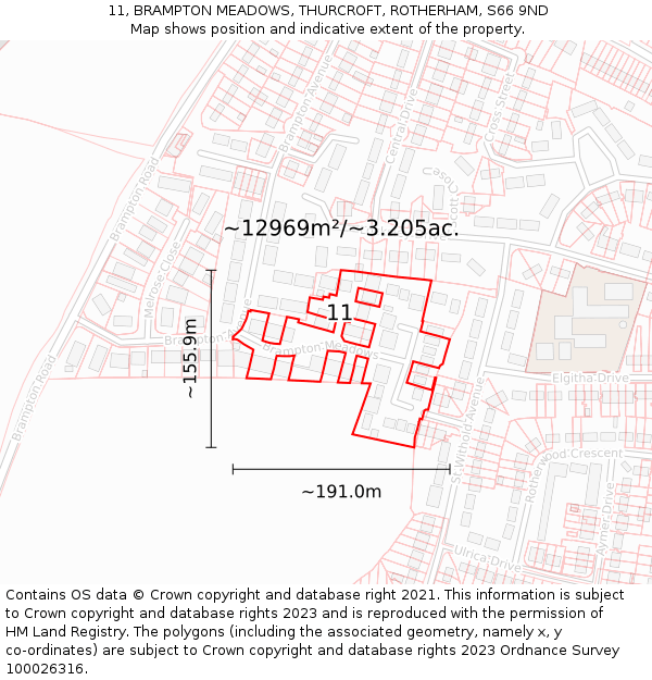 11, BRAMPTON MEADOWS, THURCROFT, ROTHERHAM, S66 9ND: Plot and title map