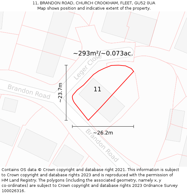 11, BRANDON ROAD, CHURCH CROOKHAM, FLEET, GU52 0UA: Plot and title map