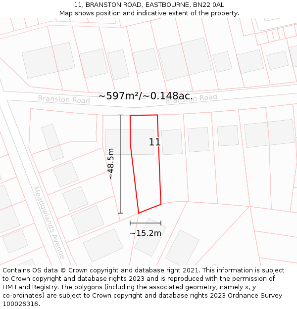 11, BRANSTON ROAD, EASTBOURNE, BN22 0AL: Plot and title map