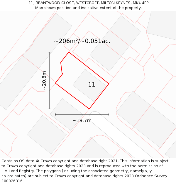 11, BRANTWOOD CLOSE, WESTCROFT, MILTON KEYNES, MK4 4FP: Plot and title map