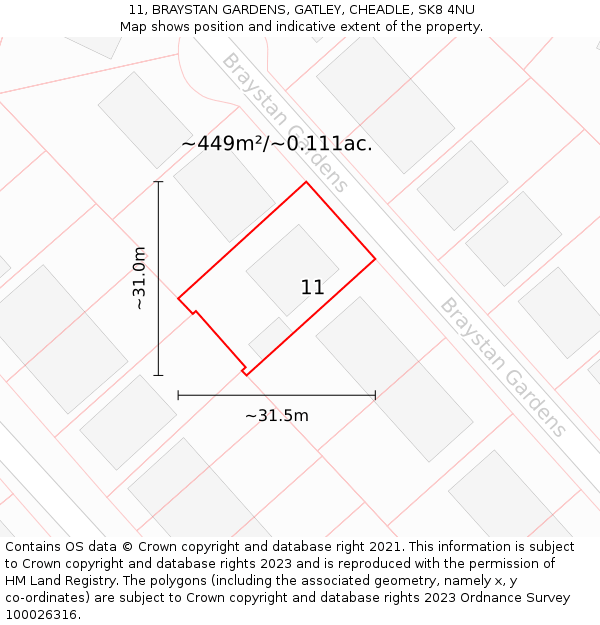 11, BRAYSTAN GARDENS, GATLEY, CHEADLE, SK8 4NU: Plot and title map
