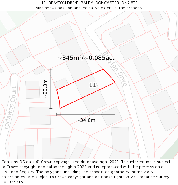 11, BRAYTON DRIVE, BALBY, DONCASTER, DN4 8TE: Plot and title map