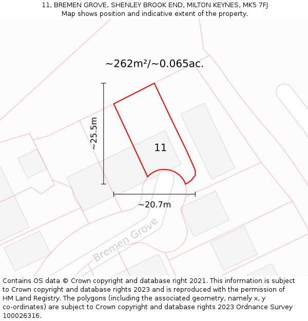 11, BREMEN GROVE, SHENLEY BROOK END, MILTON KEYNES, MK5 7FJ: Plot and title map